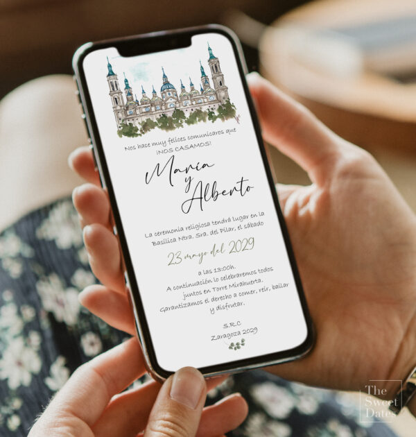 Invitación digital para boda Ilustración personalizada en acuarela